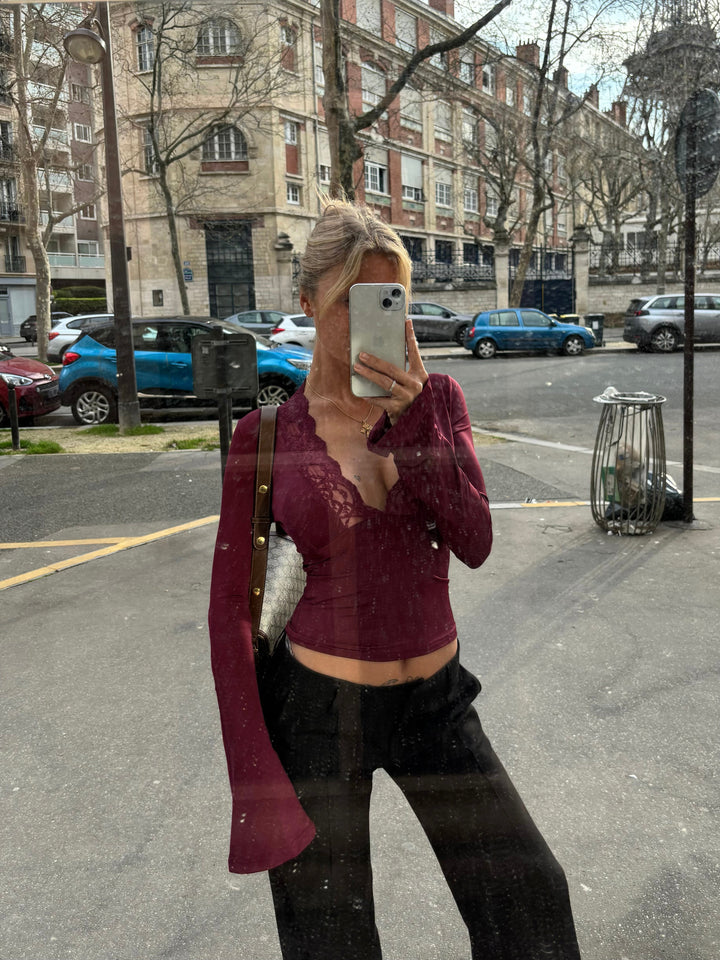 Lyreli™ - Wine Lace Neck Top