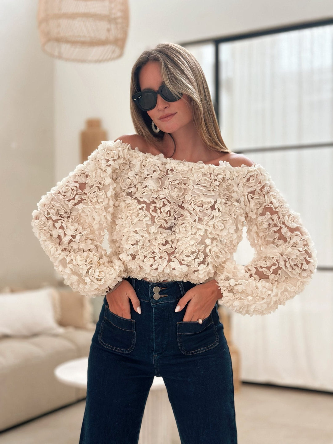 Lyreli™  - Off-Shoulder Rose Textured Top