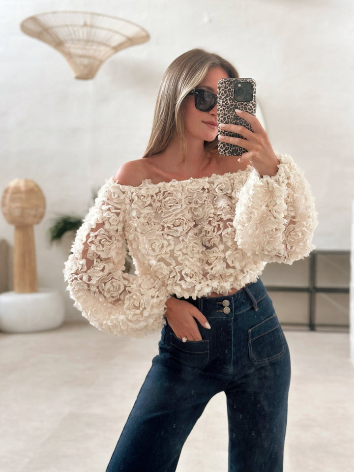 Lyreli™  - Off-Shoulder Rose Textured Top