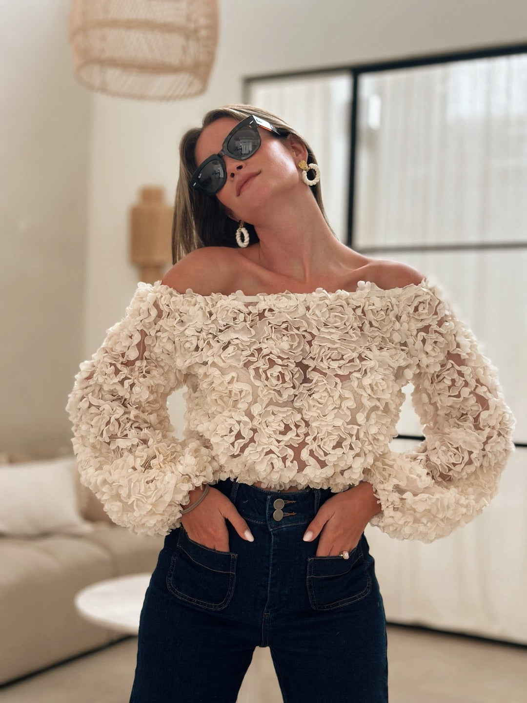 Lyreli™  - Off-Shoulder Rose Textured Top