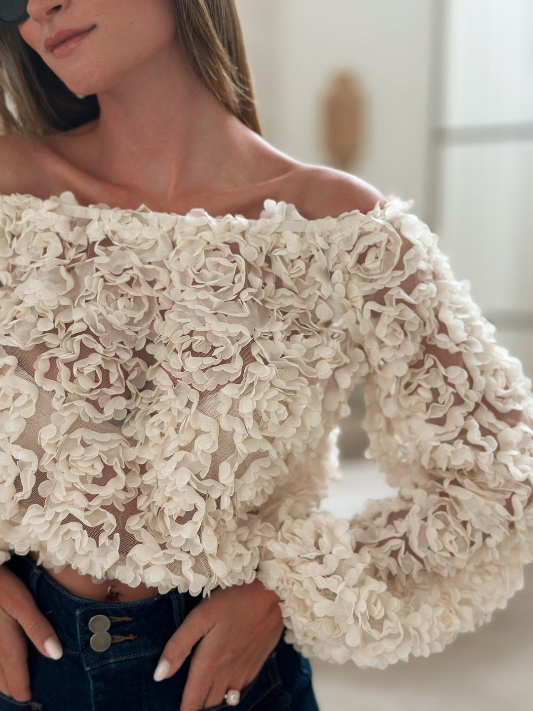 Lyreli™  - Off-Shoulder Rose Textured Top